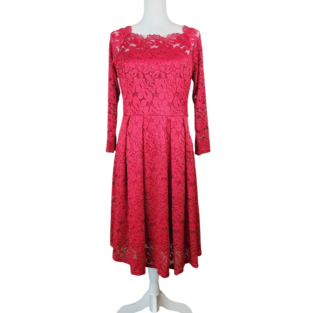 Miss May Floral Lace Midi Dress Womens Large Scalloped Neck Stretch Feminine NEW